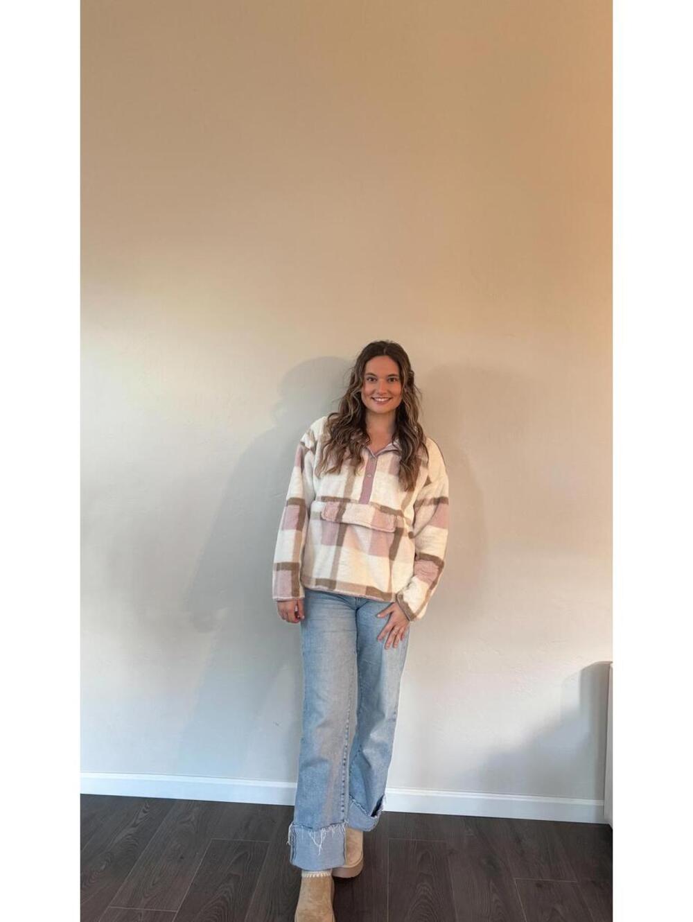 Soft Fur Plaid Button Up Pocket Front Pullover (SO SOFT)